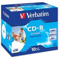 Verbatim CD-R Recordable Disk Inkjet Printable Cased 52x Speed 80min 700Mb Ref 43325 [Pack 10]