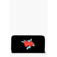 Velvet Embroidered Zip Around Purse - black