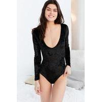 Velvet V-Neck Bodysuit, BLACK