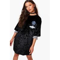 Velvet Oversized Cosmic T-Shirt Dress - black
