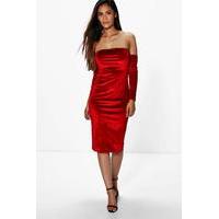 Velvet Off Shoulder Bodycon Dress - red