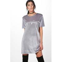 Velvet Slogan Shift Dress - grey