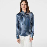 Vertical Striped Bow Blouse - Hurricane Blue