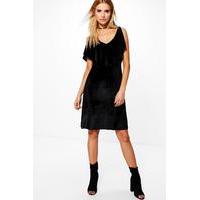 Velvet Ruffle Shoulder Dress - black