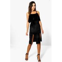 Velvet Frill Strappy Midi Dress - black