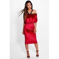 Velvet Crochet Trim Tiered Midi Dress - berry