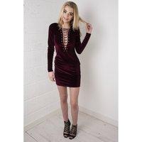 velvet mini dress with lace up front in wine