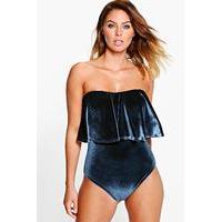 Velvet Bardot Ruffle Bodysuit - grey