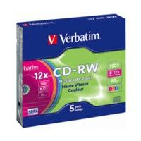 Verbatim CD-RW 700MB 80min 12x Hi-Speed Colour 5pk Slim Case