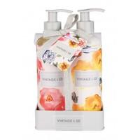 VINTAGE & CO. PATTERNS & PETALS Hand Wash and Lotion Set on Decorative Tin Base 2 x 240ml
