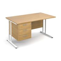 Vistro Rectangular Single Pedestal Desk - White Cantilever Leg Oak 1400mm 3 Drawers