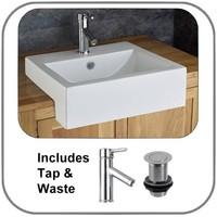 Vienna 53cm x 43cm Rectangular Inset Semi Recessed Countertop Washbasin + Tap + Waste