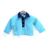 Vintage Crimplene Sky Blue Baby Polo Shirt With Deep Sea Blue Collar