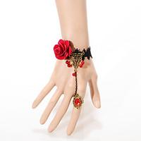 Vintage Big Red Rose Small Bead Bracelet With Ring