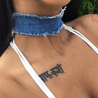 Vintage Plain Wide Jeans Choker Collar Necklace Women Punk Blue Denim Chokers Necklaces With Silver Chain Jewelry For Party