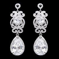 Vintage Women\'s Water Dorp Earrings Zircon Diamond Long Silver Earring For Wedding Bridal