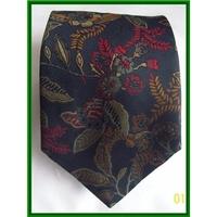 VINTAGE St Michael - Black with a green, red and orange leaf & flower design - Tie