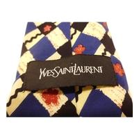 Vintage Yves St Laurent Quirky Geometric and Floral Luxury Designer Silk Tie in Royal Blue and Ivory
