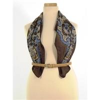 Vintage 1970\'s Unbranded Chocolate Brown, Blue and Mushroom Coloured Pattern Silk Scarf