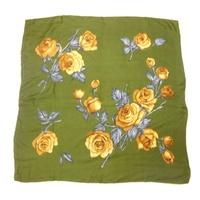 Vintage 1950\'s Green Silk Scarf With Large Scale Rose Print And Rolled Edges