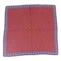 Vintage Claret Silk Scarf With Blue Square Pattern And Rolled Edges
