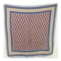Vintage Tonal Blue Cream And Red Geometric Patterned Silk Scarf With Rolled Edges