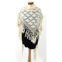 Vintage Cream Woolen Knitted Shawl With Tassels