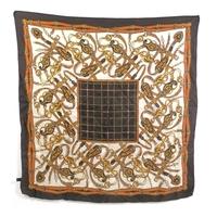 Vintage Multi-Tonal Earth Browns Buckle Theme And Check Square Centre Silk Scarf With Rolled Edges