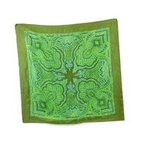 Vintage Tonal Green And Blue Paisley Print Silk Scarf With Machined Edges