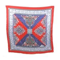 Vintage Multi-Coloured Decorative Toile Silk Scarf With Crimson Red Boarder And Rolled Edges