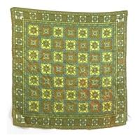 Vintage Multi-Tonal Green, Aegean Blue, Peanut Brown And Sunflower Yellow Decorative Print Scarf With Rolled Edges