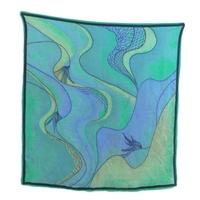 Vintage Coral Reef Multi-Tonal Blue And Green Toned Abstract Thick Chiffon Scarf With Rolled Edges