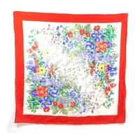 Vintage Multi-Coloured Floral Thin Silk Scarf With Red Boarder And Rolled Edges