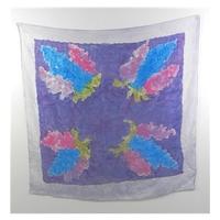 Vintage Purple Blue Hand Painted Mix And Multi-Coloured Batik Silk Scarf With Lilac Boarder