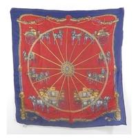Vintage Crimson Red And Navy Blue Horse And Carriage Themed Lightweight Silk Scarf With Rolled Edges