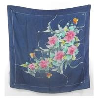 Vintage Navy Blue With Multi-Coloured Batik Floral Silk Scarf