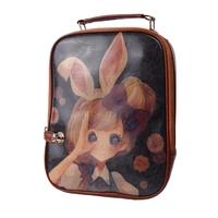 Vintage Women Backpack PU Leather Colorful Print Student School Bag Handbag Brown Girl with Rabbit Ear