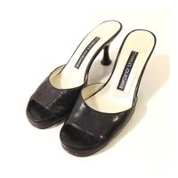 Vintage Charles Jourdan Size UK 5.5 Midnight Black Leather Peep Toe Slingback Kitten Heels