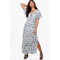 vintage floral lace up maxi dress blue