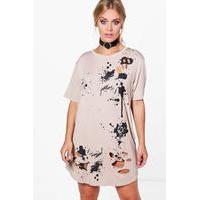 Violet Bleach Splash Tear T-shirt Dress - stone