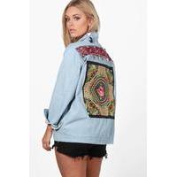 violet embroidered coin trim denim jacket blue