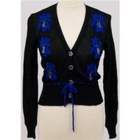 Vintage 1980s Size S Black cardigan with blue flowers and beads