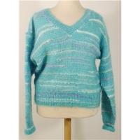 Vintage Oversize Size 12-16 Fluffy Mohair Wooly Jumper in Turquoise Stripe
