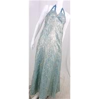 Vintage Handmade Unique Upcycled Size 14 \'Pastel Pretty\' Evening Dress Featuring Teal And Gold Metallic Print