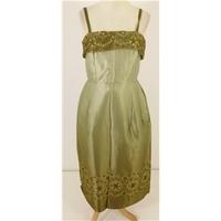 Vintage 1950\'s \'Ladies Day\' Size 8 Dress Featuring Olive Green Silk With Floral Embroidery