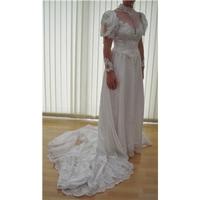 Vintage 1980 s San Martin - size 14 - bright white satin - 7ft train embellished dress