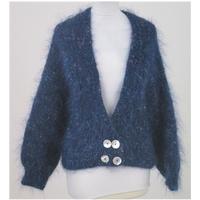 Vintage 80\'s Hand knitted, size L blue fluffy & sparkly cardigan