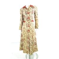 Vintage 1970\'s Handmade Size 14 Red And Vanilla Paisley Print Button Up Thick Cotton Coat