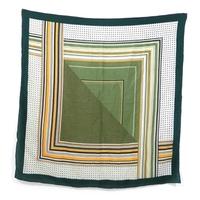 Vintage Green and Yellow Geometric Stripe Print Silk Scarf with Rolled Edges
