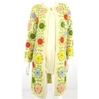 Vintage Handmade Size M Cream Hand Knitted With Bold Brightly Coloured Floral Embroidered Wool Long Cardigan